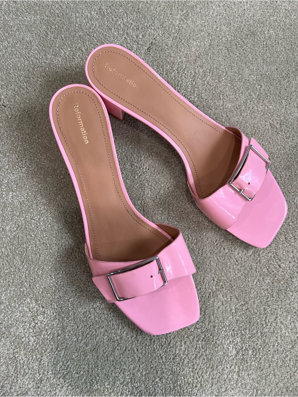 Reformation Adria Block Heel - Pink Buckle Slide Mule Heels - Picture 2 of 9